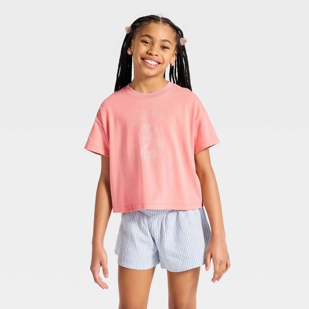 Girls' Short Sleeve Boxy "Lucky" Graphic T-Shirt - Cat & Jack™ Coral Pink M
